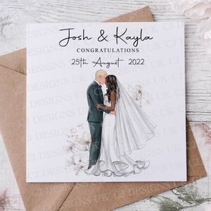 Personalised Congratulations Wedding Day Card, You Choose Hair Colour and Skin Tone With Names & Date, Mr and Mrs Card