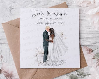 Personalised Congratulations Wedding Day Card, You Choose Hair Colour and Skin Tone With Names & Date, Mr and Mrs Card