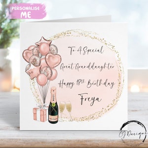 Carte d'anniversaire personnalisée arrière-petite-fille, or rose et ballons à thème dorés, tout âge 14ème 15ème 16ème 18ème 21ème 30ème 40ème 50ème 60ème 70ème