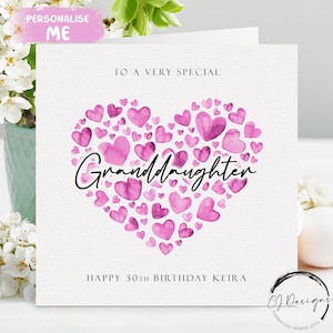 Gepersonaliseerde verjaardagskaart kleindochter, roze harten ELKE BEWOORDING/LEEFTIJD/ Naam 14e 15e 16e 17e 18e 19e 21e 30e 40e 45e 50e 60e