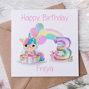 Biglietto di auguri personalizzato per il 3° compleanno con unicorno rosa, per ragazzo/ragazza 1°, 2°, 3°, 4°, 5°, 6°, 7°, 8°, 9°, 10°