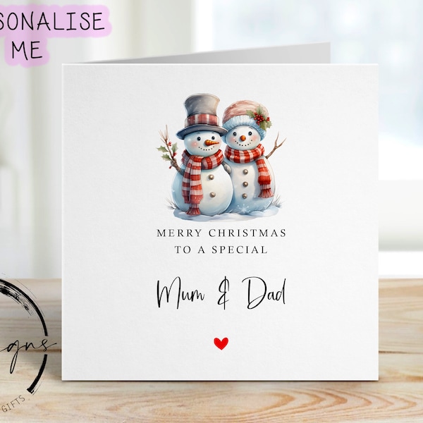 Special Mum & Dad Christmas Card -Snowman Couple Card and Red Heart