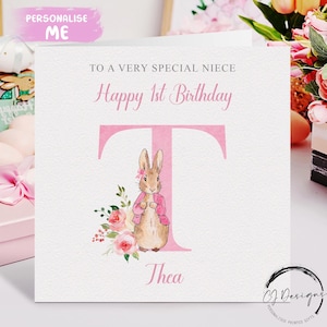 Cartão de aniversário personalizado Peter Rabbit Nece, nome inicial/ qualquer idade 1º 2º 3º 4º 5º 6º 7º 8º 9º Lembrança Meninas Flopsy