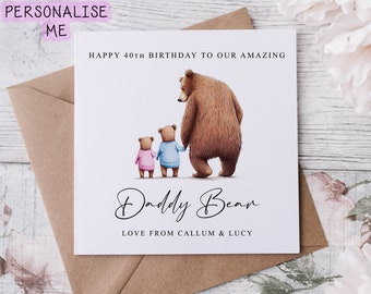 Cartão de aniversário personalizado do papai urso para até 4 crianças - Cartão do papai e do bebê urso para ele Cartão médio ou grande Nome/Idade 40º 50º 60º