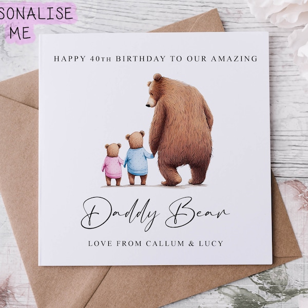 Personalised Daddy Bear Birthday Card from upto 4 Children -  Daddy and Baby Bear Card for Him Medium or Large card Name and Age