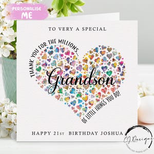 Carte d'anniversaire personnalisée de petit-fils - Merci pour le cœur des millions de choses - Tout âge 16-17 18 21 25 30 35 40 50 50 60