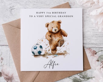 Personalised Grandson Birthday Card - Cute Bear with Football Age & Name Medium or Large card for him 1st 2nd 3rd 4th 5th 6th