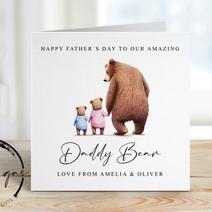Carte personnalisée papa ours pour la fête des pères de jusqu'à 4 enfants - Carte papa et bébé ours pour lui, moyenne ou grande carte, nom et âge