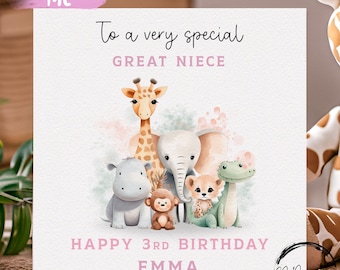 Birthday Card For Great-Niece Personalised Pink Theme Safari Animals