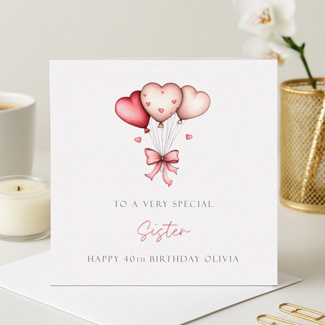 Birthday Card for Sister, Personalised Pink & Red Heart Balloons - Any ...