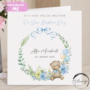 Tarjeta de bautismo personalizada para hermano, osito de peluche con marco floral azul y verde, tarjeta de felicitación con nombre y fecha, recuerdo del día del bautismo