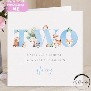Personalised Second Birthday Card For Son Woodland Animals in Blue Theme Birthday Card - 2nd Birthday Two