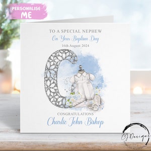 Tarjeta de bautizo personalizada para sobrino, con inicial y fecha, recuerdo del día del bautizo.
