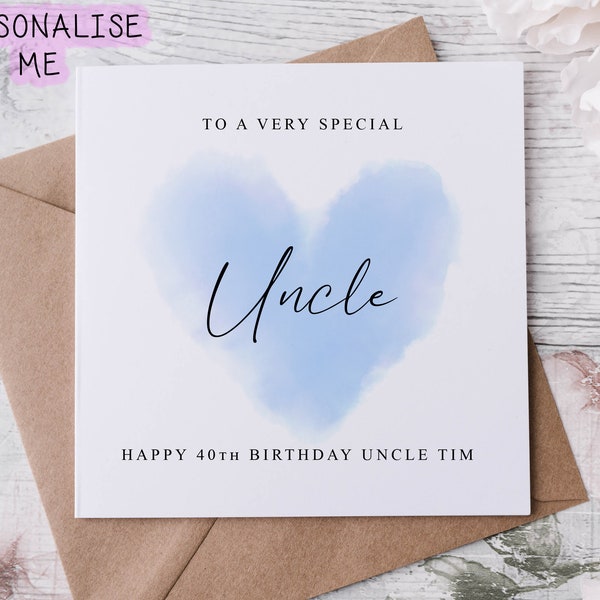 Personalisierte Onkel Geburtstagskarte, Blaues Herz Geburtstagskarte für Ihn 30., 40., 50., 60., 70., 80. Geburtstagskarte, Beliebiges Alter und Name 18. 21.