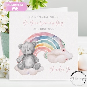 Carte de fête personnalisée pour son prénom nièce, carte de voeux avec nom et date ours arc-en-ciel, souvenir du jour du baptême pour elle
