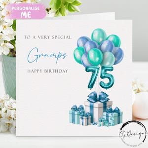 Carte d'anniversaire personnalisée grand-père, tout âge - ballons bleus/verts âge 45e 50e 55e 60e 65e 70e 75e 80e 85e 90e 95e 100e