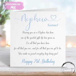 Carte d'anniversaire personnalisée neveu - poème, citation carte - carte souvenir TOUT ÂGE 16e 18e 21e 30e 40e 50e 60e