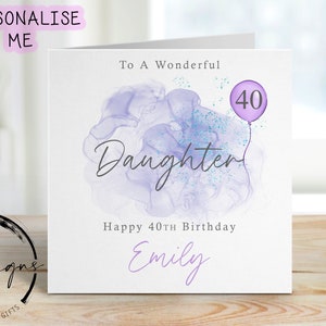Carte d'anniversaire fille personnalisée - design violet/bleu avec ballon rose - carte pour elle, tout âge/nom -18, 21, 30, 40, 50 ans