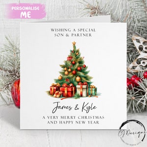 Personalised Son & Partner Christmas Card Green and Red Theme Trees and Gifts Couple Card