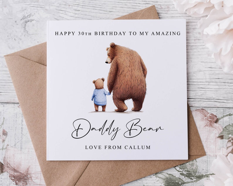 Personalised Daddy Bear Birthday Card from upto 4 Children Daddy and Baby Bear Card for Him Medium or Large card Name/ Age 40th 50th 60th image 2