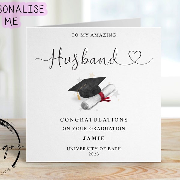 Personalised Husband Graduation Card- with Cap & Scroll- Name and University Medium or Large card Amazing Partner