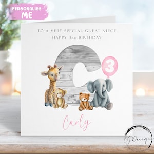 Cartão de aniversário personalizado para sobrinha-neta com inicial Safari - nome e qualquer idade - para ela 1º 2º 3º 4º 5º 6º 7º 8º 9º 10º
