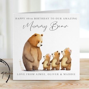 Personalised Mummy Birthday Card from upto 3 Children - Mammy Bear and cubs- Card For Her, Mum, Mam, Mom, Mummy, Mammy, Mommy 30th 40th