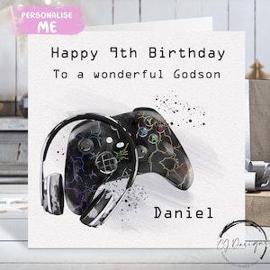 Cartão de aniversário personalizado Godson Gamer, cartão médio ou grande, nome e idade do incrível neto gamer 6º, 7º, 8º, 9º, 10º, 11º, 12º, 13º e 14º