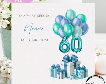 Tarjeta de cumpleaños personalizada para abuelo (globos azules y verdes, para cualquier edad)