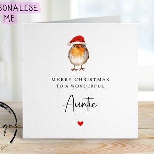 Kerstkaart voor tante met Robin met kerstmuts, vrolijk kerstfeest Wenskaart Eenvoudig ontwerp kerstkaart voor haar