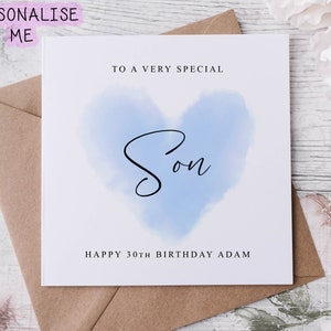 Carte d'anniversaire de fils personnalisée, carte d'âge coeur bleu pour lui 30, 40, 50, 60, 70, 80 ans, tout âge et nom 21 ans