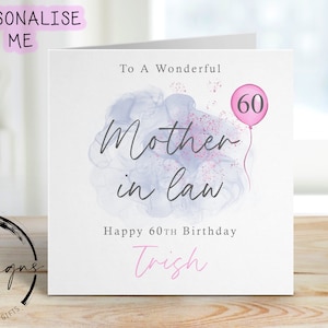 Personalisierte Schwiegermutter Geburtstagskarte - Blau / Rosa Design mit rosa Ballon - Karte für Sie, jedes Alter und Name - 40er 50er 60er 70er 80er