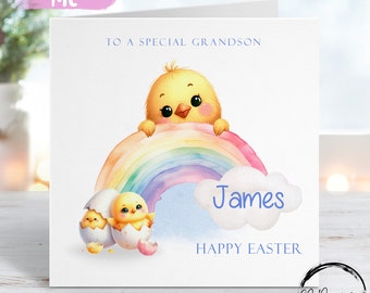 Personalised Grandson Easter Card with Name - Easter Chick, Rainbow & Eggs illustration- Card for Him