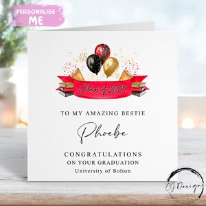 Cartão de formatura personalizado Bestie - com balões Nome e universidade - Para meu/para nosso cartão médio ou grande QUALQUER ANO