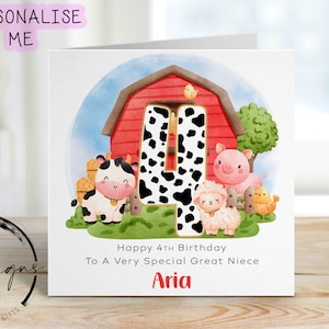 Cartão de aniversário personalizado para sobrinha-neta - Cartão de felicitações com tema de fazenda Nome/Idade 1-10- 1º, 2º, 3º, 4º, 5º, 6º, 7º, 8º, 9º, 10º