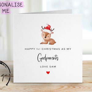 1. Weihnachten als meine Paten Personalisierte Weihnachtskarte - Baby Rentier mit Weihnachtsmütze