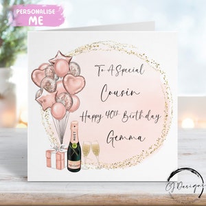 Personalisierte Cousin Geburtstagskarte Rose Gold & Gold Thema Luftballons Jedes Alter 18.19.20.21.30.40.50.60.70.80.90.100