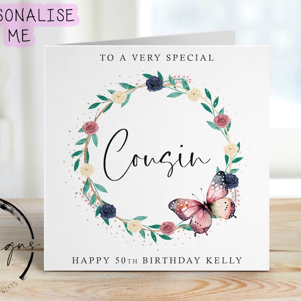 Personalised Cousin Birthday Card -Rustic Floral Butterfly Wreath  Any Age/Name Greeting Card 18th, 21st, 30th, 40th, 50th, 60th, 70th,