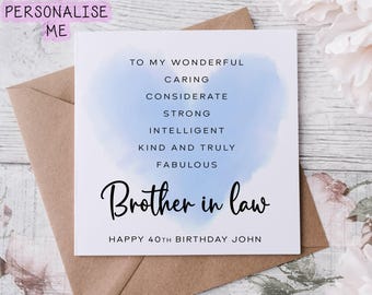 Personalised Brother in law Birthday Card, Blue Heart Affirmation Birthday Card, Age Card For Him  30th, 40th,50th, 60th 70th Any Age & Name