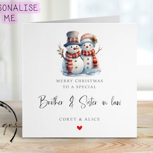 Carte de Noël personnalisée beau-frère et belle-soeur - carte couple bonhomme de neige et coeur rouge