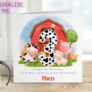 Cartão de aniversário personalizado para bisneto - Cartão de felicitações com tema de fazenda Nome/idade 1-10- 1º, 2º, 3º, 4º, 5º, 6º, 7º, 8º, 9º, 10º