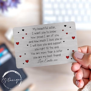 Gepersonaliseerde portemonnee-kaartcadeau zus | Sentimentele aandenken voor zus | Gedicht voor beste vriend | Metalen portemonnee-inzetstuk | Verjaardagscadeau voor haar