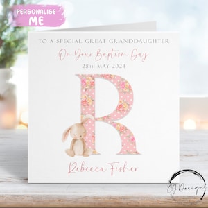 Tarjeta de bautizo personalizada para bisnieta, con inicial y fecha, tarjeta de felicitación de conejito, recuerdo del día del bautizo.