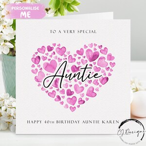 Carte d'anniversaire personnalisée tante, coeurs roses N'IMPORTE QUELLE TEXTE /ÂGE/ nom 18e 21e année 25e 30e 40e 45e 50e 60e 65e 70e 75e 80e 95e 100