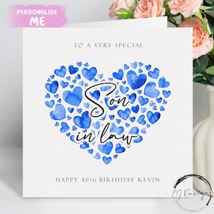 Biglietto di auguri di compleanno personalizzato per genero, cuori blu QUALSIASI TESTO /ETÀ/ Nome 21° 25° 30° 35° 40° 45° 50° 60° 70° 80° 90°