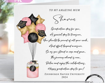 Personalisierte Mutter Gedicht Abschlusskarte - mit Kappe, Schriftrolle, Kuchen und Luftballons - für meinen / für unseren Namen und die Universität jedes Jahr