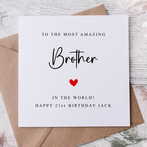 Tarjeta de cumpleaños personalizada para hermano con corazón rojo, el mejor hermano del mundo, edad y nombre, para él 30, 40, 50, 60, 70 años, cualquier edad.