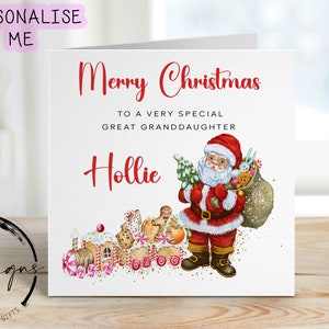 Carte de Noël personnalisée pour arrière-petite-fille, bonbons et train en pain d'épice avec nom du père Noël