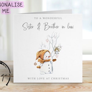 Merveilleuse carte de Noël pour belle-soeur et beau-frère - Joli bonhomme de neige et arbre avec coeurs Cartes minimales