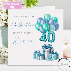 Carte d'anniversaire personnalisée frère parrain tout âge/nom - bleu/vert ballons âge 18, 21, 25, 30, 40, 45, 50, 60, 65, 70, 75,